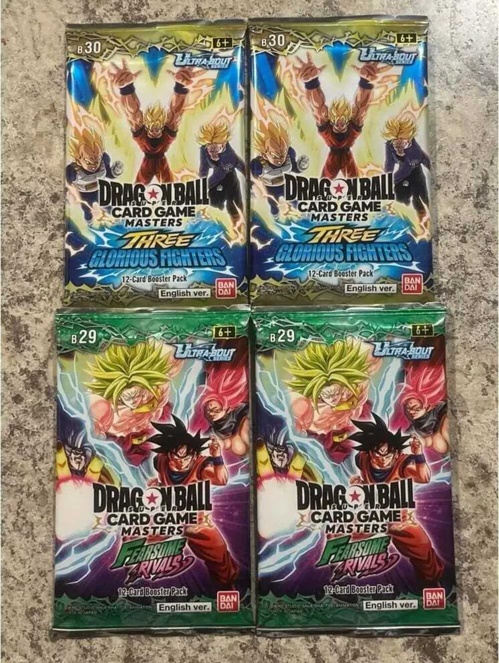 4x Dragon Ball Super TCG Fearsome Rivals/Three Glorious Fighters Booster Packs